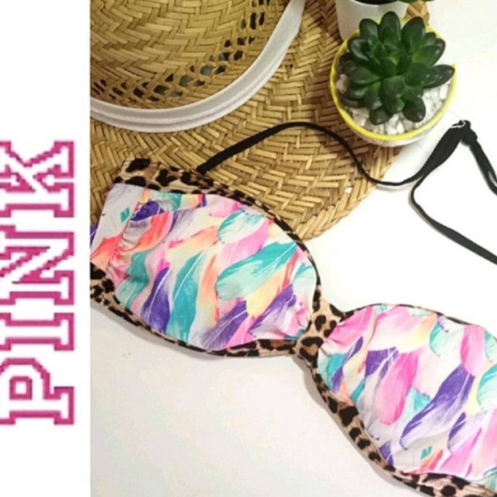 ❤4/$12 PINK by Victoria's Secret Neon Feathers Animal Print Bikini Top Size M